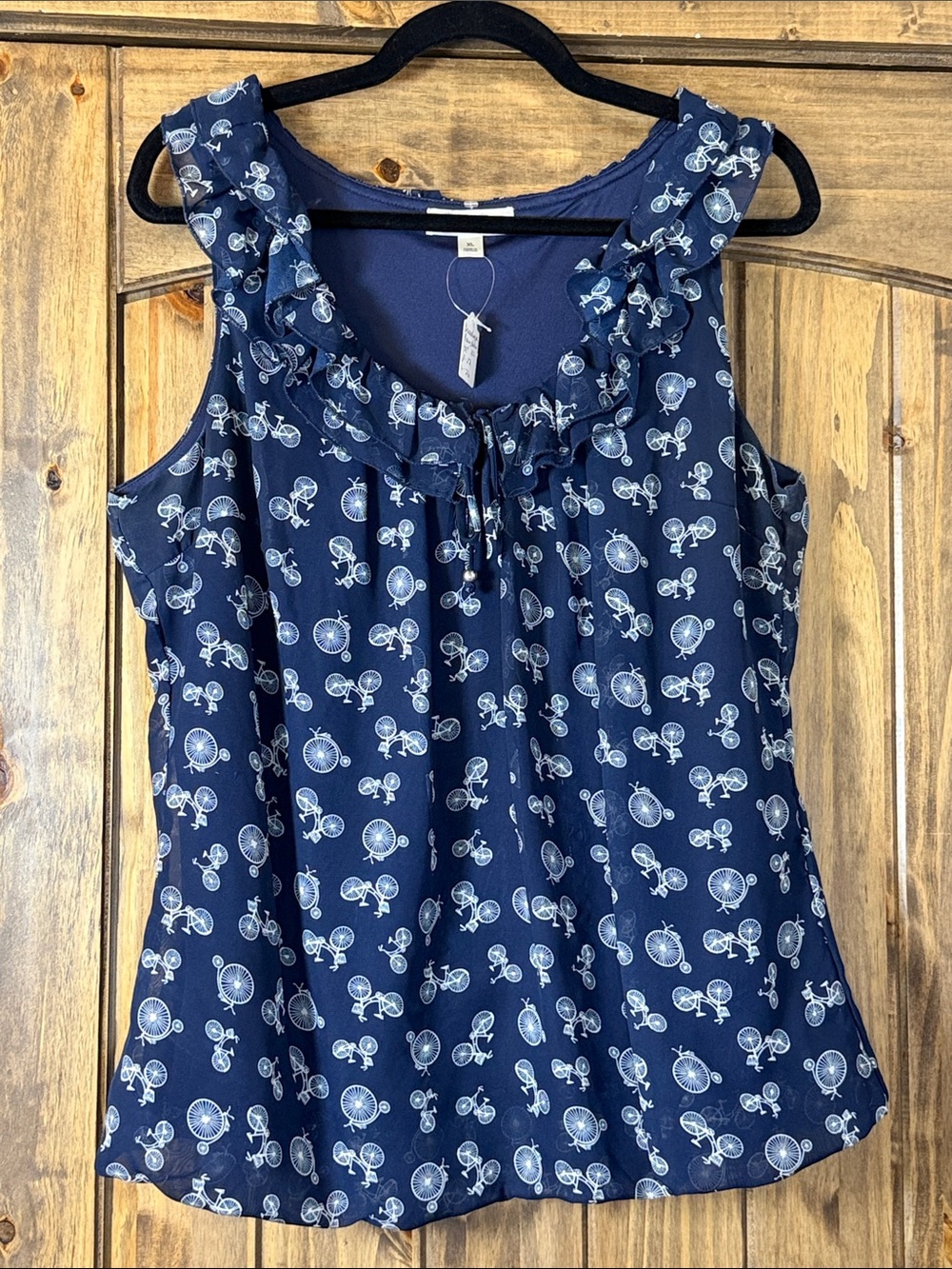 dressbarn Navy Sleeveless Ruffle-Neck Camisole with White Bicycle Motif